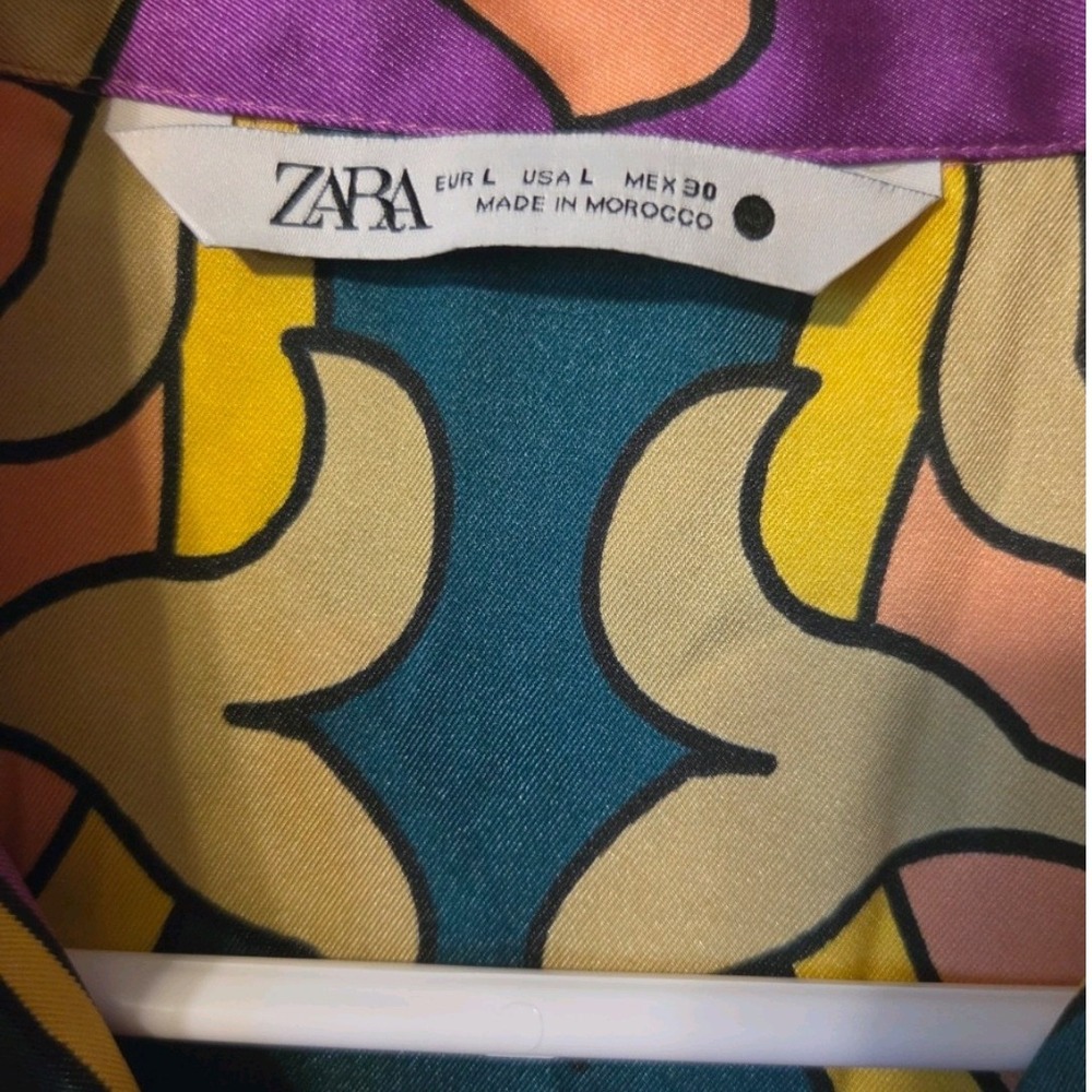 Zara Womens Retro Psychedelic Print Satin Button Down Shirt Purple Teal Large - Picture 2 of 4